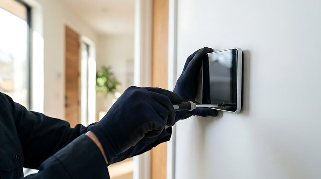 A worker installs a wall mounted smart home control panel using a handheld screwdriver