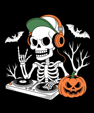 pumpking and Skeleton dj Lover for Halloween Spooky Season Lover