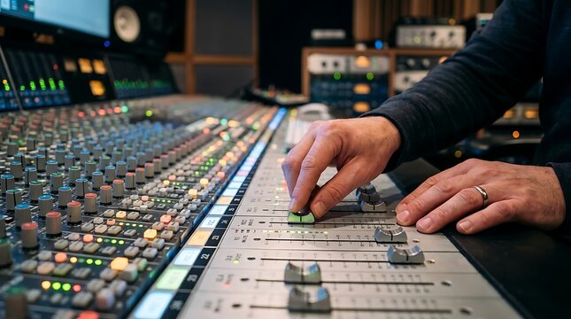A sound engineer adjusting audio levels on a professional mixing console in a studio