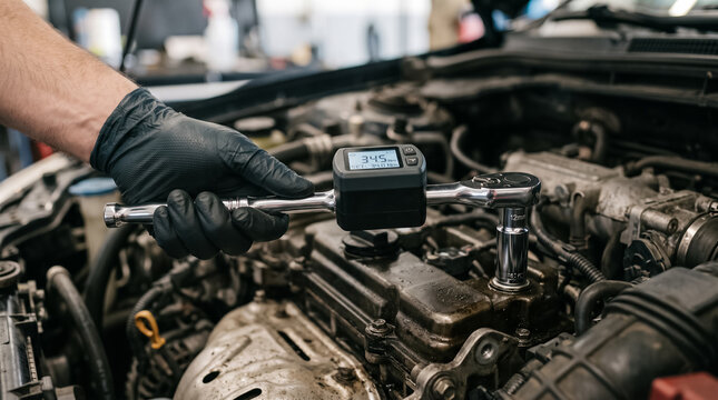 Mechanic using a digital torque wrench to precisely tighten a cylinder head bolt on an engine