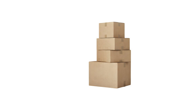 Stack of four cardboard boxes isolated on transparent background