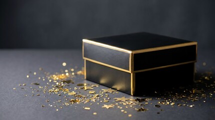 Fototapeta premium Black gift box with gold confetti and stars
