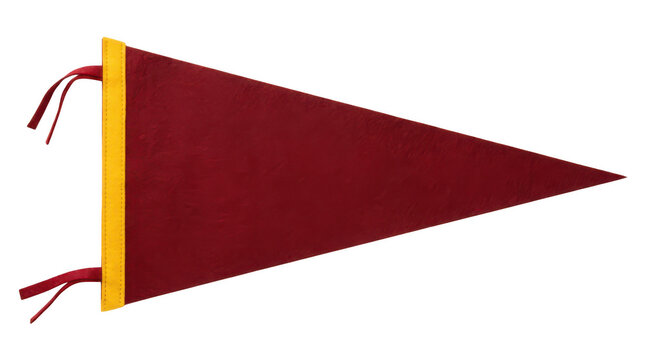 Blank maroon felt pennant flag with yellow trim isolated on transparent background