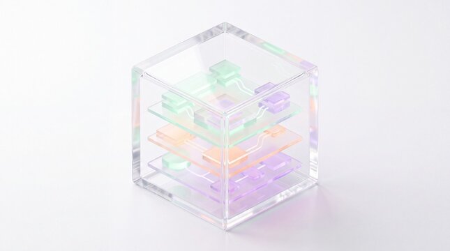 3D full-stack observability concept with transparent acrylic glass box and layered pastel lighting
