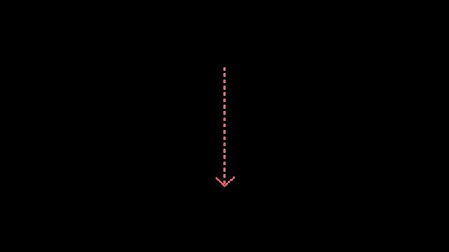 Red dashed arrow pointing down animation minimalist glowing vector directional indicator loop on black background for infographics interface video overlay