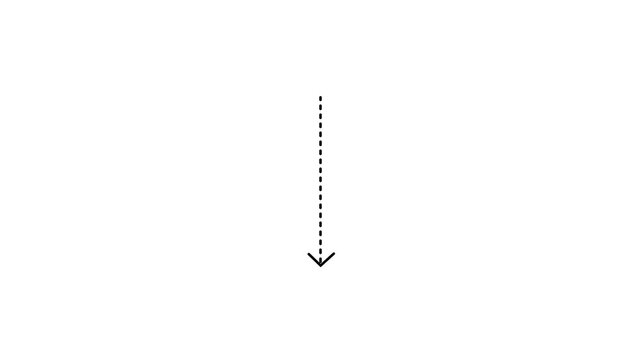 Black dashed arrow pointing down animation minimalist glowing vector directional indicator loop on White background for infographics interface video overlay