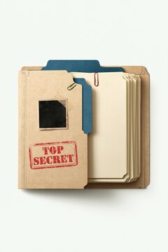 Top secret folder with paper clips and documents isolated on white background