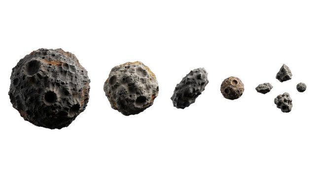 Asteroid collection with rough textured surfaces and craters during a studio lighting setup Isolated on transparent background