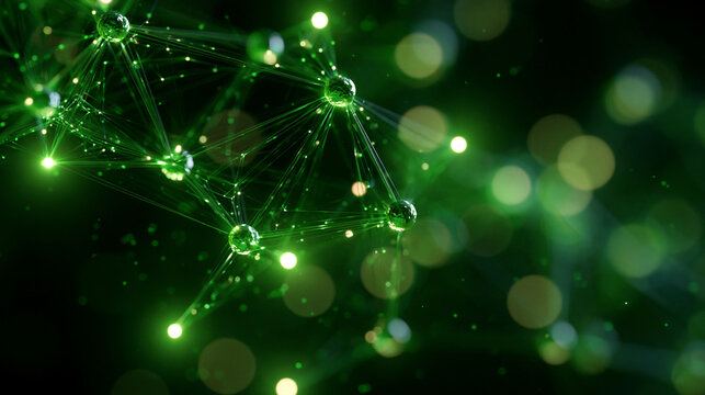 Bright emerald toned abstract illustration of a molecular hybrid structure representing a machine learning neural network glowing interconnected nodes and pathways clean