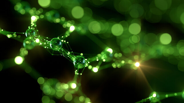 Bright emerald toned abstract illustration of a molecular hybrid structure representing a machine learning neural network glowing interconnected nodes and pathways clean