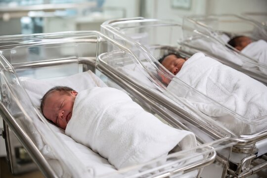 Newborn babies sleep peacefully while swaddled in soft white blankets inside clear hospital bassinets, portraying routine postpartum care and infant rest in a bright modern hospital maternity ward.