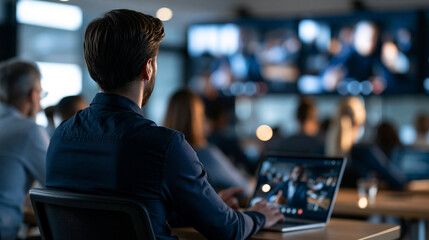 Fototapeta premium Students seen from behind participating in modern hybrid learning in a bright classroom viewing virtual classmates on large monitors interactive digital education concept clean