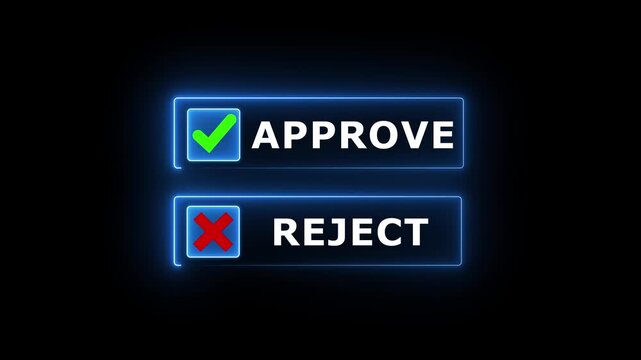 Approve and reject button option UI concept animation with glowing green checkmark and red cross icon loop on black background for decision selection interface. 4k motion video.