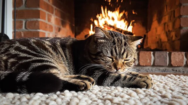 A tabby cat naps peacefully on a rug in front of a warm, glowing fireplace in a cozy home setting