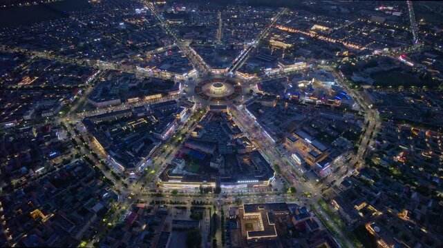 High-Angle Aerial Panoramic View of Tekes Bagua City Nightscape, Ili Unique Bagua I-Ching Geometric Structure, City Lights, Radial Street Network and Concentric Ring Roads in Xinjiang