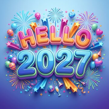Colorful 3d render of hello 2027 text with festive balloons and fireworks