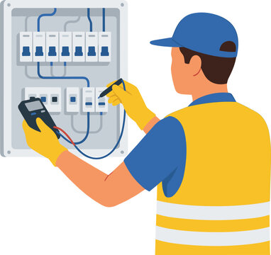 Electrician Testing Electrical Panel with Multimeter for Professional Circuit Inspection Power Maintenance and Safety
