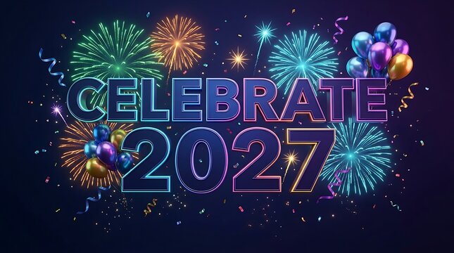 Happy new year 2027 greeting card design with colorful fireworks and festive balloons on dark background