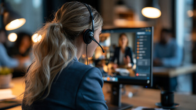 Confident businesswoman seen from behind wearing a headset and blue blazer presenting hybrid learning strategies on a bright monitor during a virtual meeting clean modern office