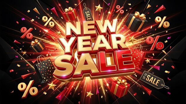 New year sale gold shiny text red discount gift box percentage promo