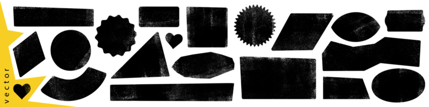 Rolled ink stamp shapes and textboxes set. Handmade with brayer circle, rectangle, triangle, arc and irregular shape with rough distressed letterpress texture Vector text box template, banner, overlay
