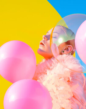 Woman in a translucent hood surrounded by fuzzy pink balloons. Ideal for surreal fashion campaigns, celebration editorials, and dreamy beauty branding.