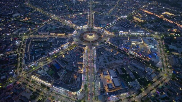 High-Angle Aerial Panoramic View of Tekes Bagua City Nightscape, Ili Unique Bagua I-Ching Geometric Structure, City Lights, Radial Street Network and Concentric Ring Roads in Xinjiang