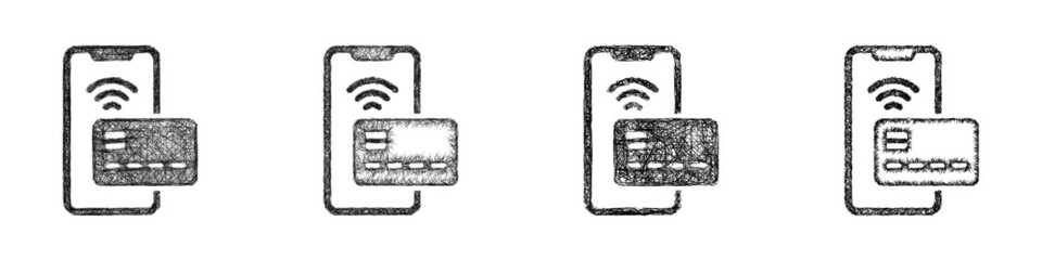 Fototapeta premium Sketch monochrome mobile payment icon design set