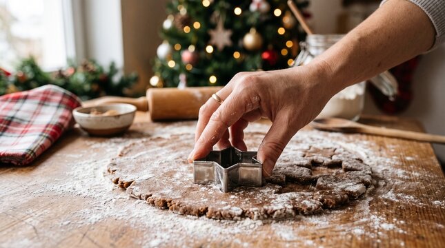 Christmas baking scene with a hand cutting star shaped cookies from dough with a cookie cutter
