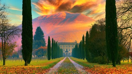 Fototapeta premium Majestic villa with vibrant sunset and towering trees.