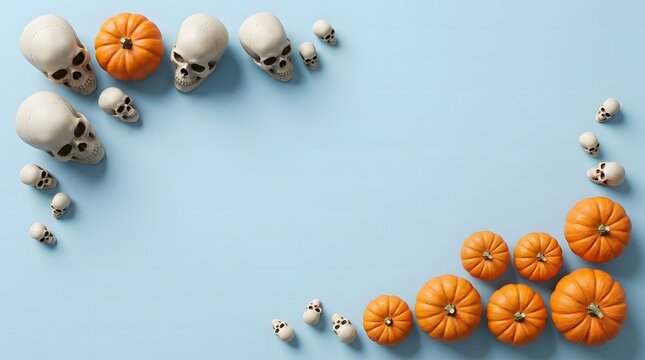 Festive halloween layout with pumpkins and skulls on light blue studio background.