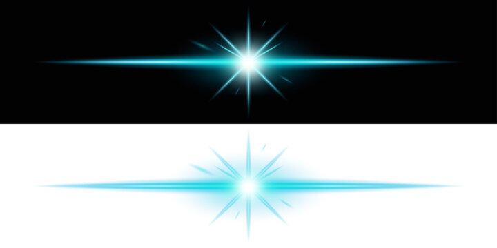 Blue sparkle light effect isolated on transparent background. Glowing ice blue light. Shining star, light spark with rays. Light sparkle bling effect, overlay glowing explosion png effect