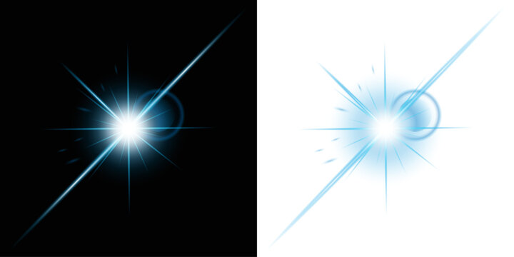 Blue sparkle light effect isolated on transparent background. Glowing icy blue light. Shining star, light spark with rays. Light sparkle bling effect, overlay glowing explosion png effect