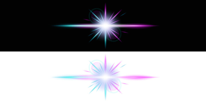 Neon sparkle light effect isolated on transparent background. Glowing blue purple light. Shining star, light spark with rays. Light sparkle bling effect, overlay glowing explosion png effect