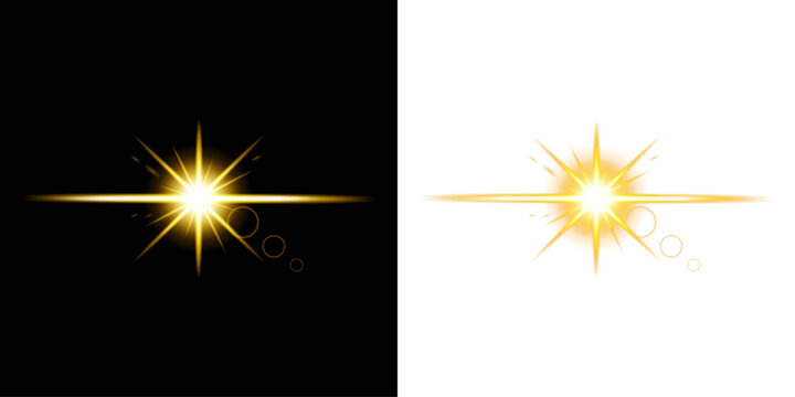 Golden sparkle light effect isolated on transparent background. Glowing golden yellow light. Shining star, light spark with rays. Light sparkle bling effect, overlay glowing explosion png effect