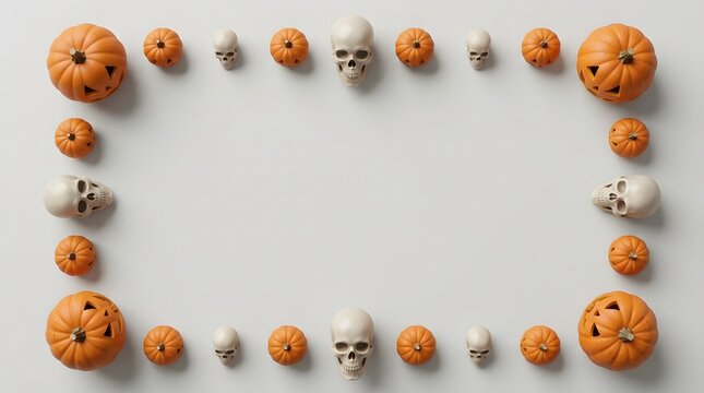 Halloween frame of pumpkins and skulls on white background holiday season.