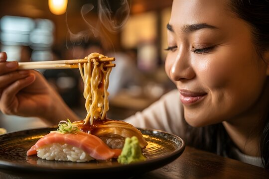 Woman smiling while using chopsticks to lift noodles from sushi plate