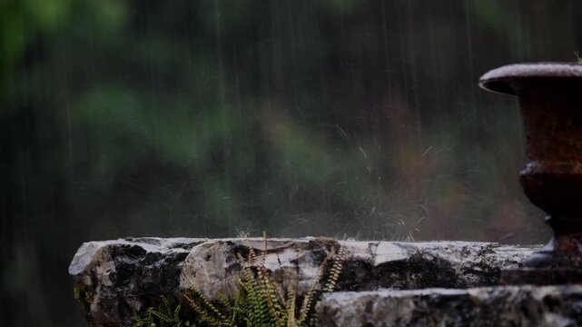 Forte pluie d&rsquo;orage &eacute;claboussant un muret en pierre