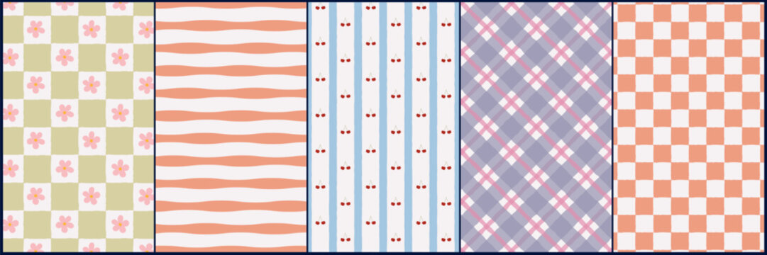 Dopamine coquette background set with colorful gingham patterns floral accents and playful ribbons. Hand drawn seamless designs bring a cute vintage aesthetic to fabric wallpaper and gift wrap.