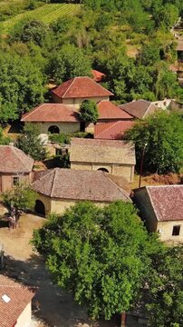 Aerial around view of old rustic vintage houses with wine cellars in Rogljevacke pivnice in Negotin region of Serbia. Vertical video 4k
