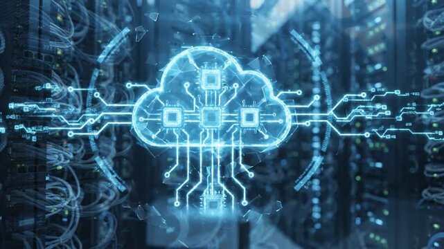 Cloud computing infrastructure networking technology animation featuring glowing digital circuit boards and interconnected data streams flowing across server racks within a modern high performance 
