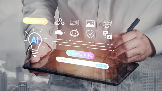 Concept of artificial intelligence and data generation with interactive tablet interface showcasing various digital icons and business applications for agents in urban setting. Entropy.