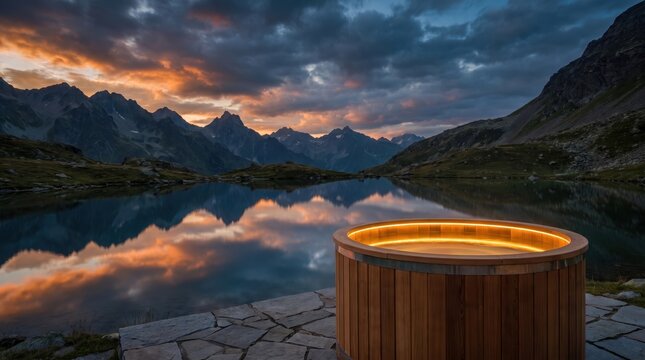 wooden hot tub with glowing light by calm alpine lake reflecting majestic mountains at sunset. luxury outdoor spa, wellness retreat. banner, website header, travel brochure with copyspace.