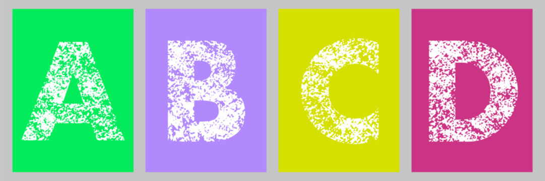 Chalk textured alphabet letters abcd on vibrant colorful square cards for school learning.