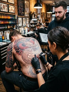 Female tattoo artist tattooing a large dragon on man's back