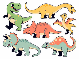 Collection of cute cartoon dinosaurs including T-Rex Triceratops and Brontosaurus perfect for childrens illustrations and educational materials © Saqib1022