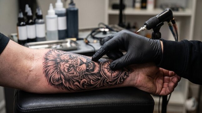 Tattoo Artist Working on a Realistic Lion Tattoo on Forearm