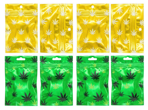 Set of eight gold and green plastic zip lock bags with cannabis leaf pattern isolated on transparent background