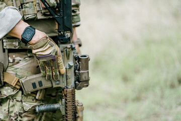 Naklejka premium Outdoor soldiers jungle duty brave vigilant watchful focused prepared ready military personnel camouflage gear standing within thick tropical
