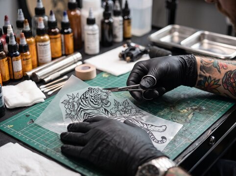 Professional Tattoo Artist Preparing Tiger Stencil in a Studio